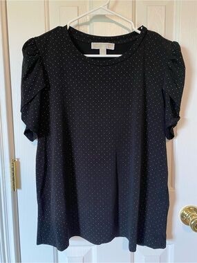 Michael Kors Women's Black Puff Sleeve Gold Metallic Dot Top Size Large